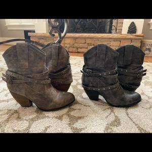 Grey and brown boots with a heel